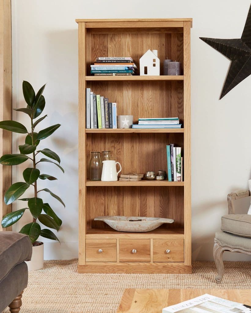 Mobel Oak Tall Bookcase with Fixed Shelves and Drawers made from Solid Oak